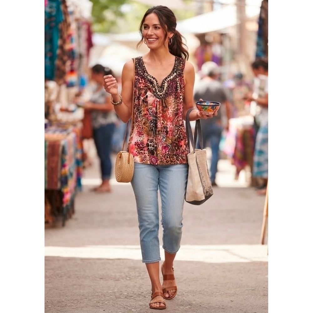 Cocomo Petite Womens Beaded Neck Animal Paisley Print Tank Top Pink Brown Small